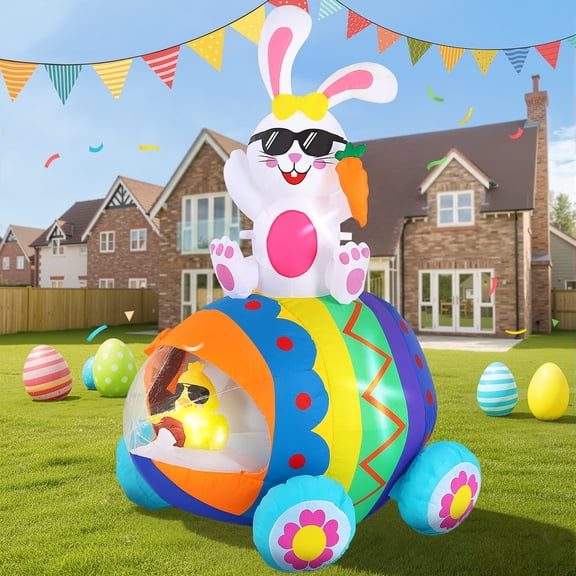 Avoalre Easter Inflatables Bunny Decor, Easter Colorful Blow up 4.9FT Chick & Bunny Car, Lighted Inflatable for for Lawn Garden Holiday Party