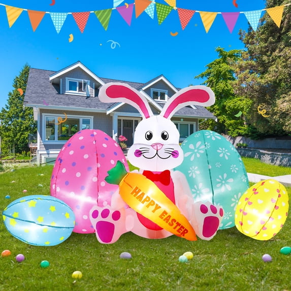Avoalre Easter Inflatables Bunny Decor, Easter Blow up 6.1FT Cute Bunny with Carrot & Eggs, Lighted Inflatable for for Lawn Garden Holiday Party