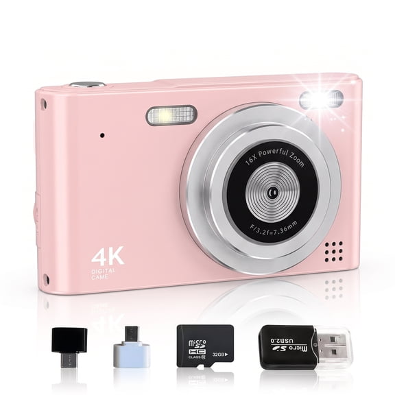 Avoben digital camera, FHD 1080P digital point-and-shoot camera, 16x optical zoom, image stabilization, 32GB memory card, compact and portable, suitable for boys, girls and children, pink.