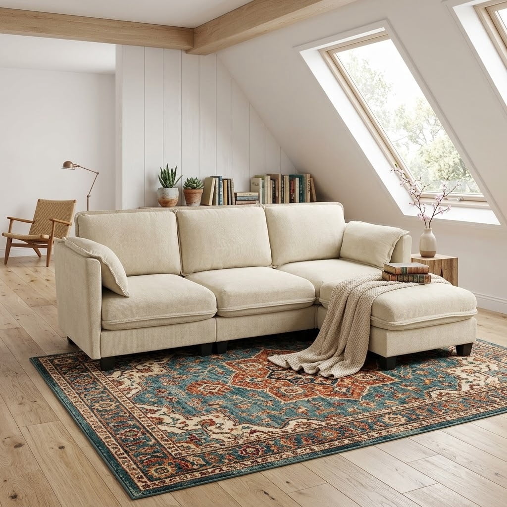 Avobird 97-inch L-shaped Sofa, Upholstered Deep Seat Sofa with Cotton-Linen Brushed Fabric, Ottoman & Side pocket, 3-Seater Sofa for Living Room, Beige