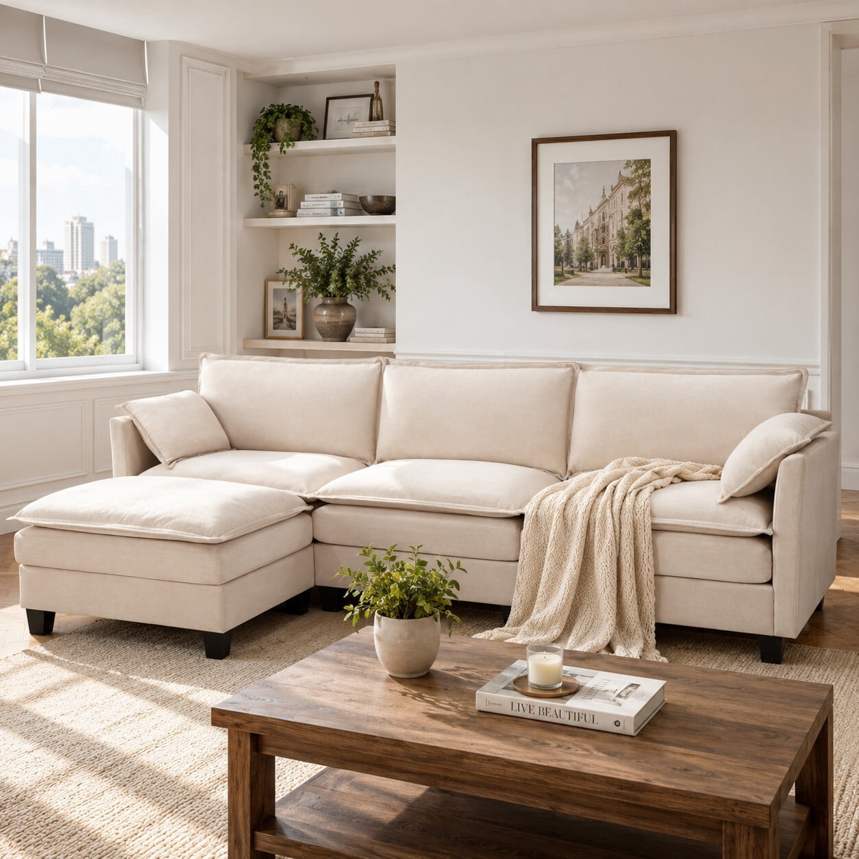 Avobird  Cloud Couch Modular Sectional Sofa, 107" L Shaped Convertible Couch Chenille Thick Cushion with Ottoman and Pillows for Living Room,Beige
