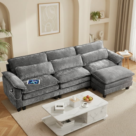 Avobird Cloud Couch Modular Sectional Sofa, 113" L Shaped Convertible Couch Chenille Thick Cushion with Ottoman and Pillows for Living Room, Dark Gray