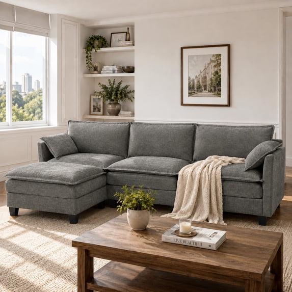 Avobird Cloud Couch Modular Sectional Sofa, 107" L Shaped Convertible Couch Chenille Thick Cushion with Ottoman and Pillows for Living Room, Gray