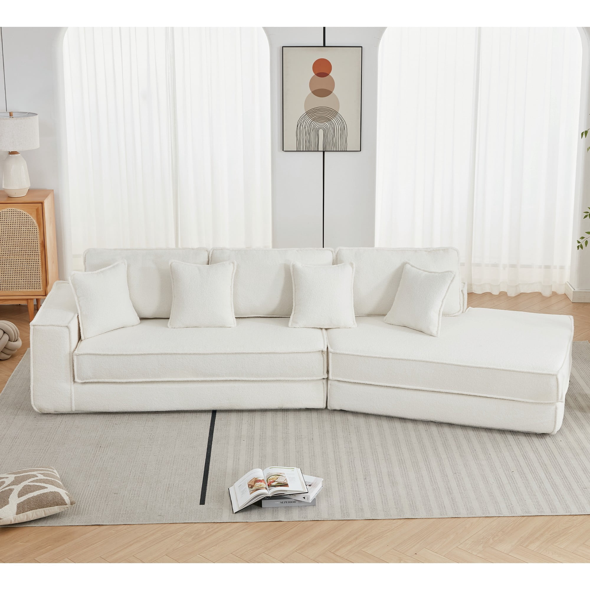 Avobird 133" 2 in 1 Convertible Sofa bed, Loveseat Sleeper Sofa for Living Room Apartment, Lamb Velvet Fabric/Upholstered, Beige