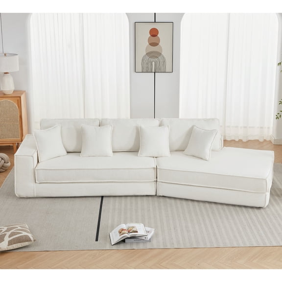 Avobird 133" 2 in 1 Convertible Sofa bed, Loveseat Sleeper Sofa for Living Room Apartment, Lamb Velvet Fabric/Upholstered, Beige