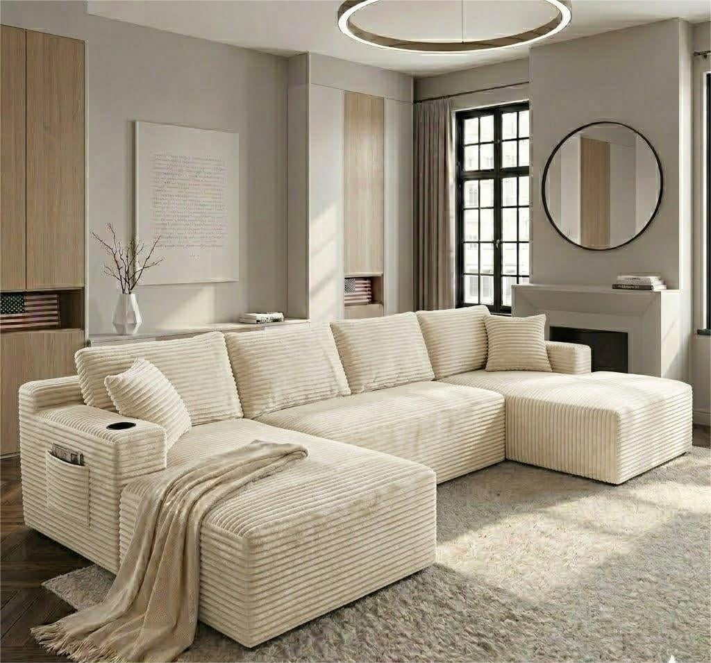 Vinform 134" Cloud Couch Modular Sectional Sofa, 5 Seat U Shaped Convertible Couch Corduroy Thick Cushion with Side Pockets and Toss Pillows for Living Room, Beige