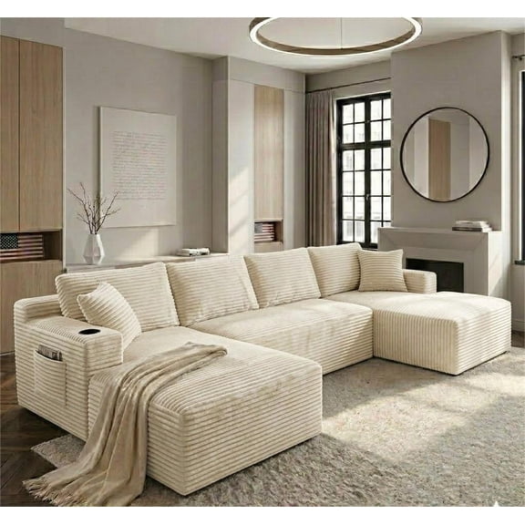 Vinform 134" Cloud Couch Modular Sectional Sofa, 5 Seat U Shaped Convertible Couch Corduroy Thick Cushion with Side Pockets and Toss Pillows for Living Room, Beige
