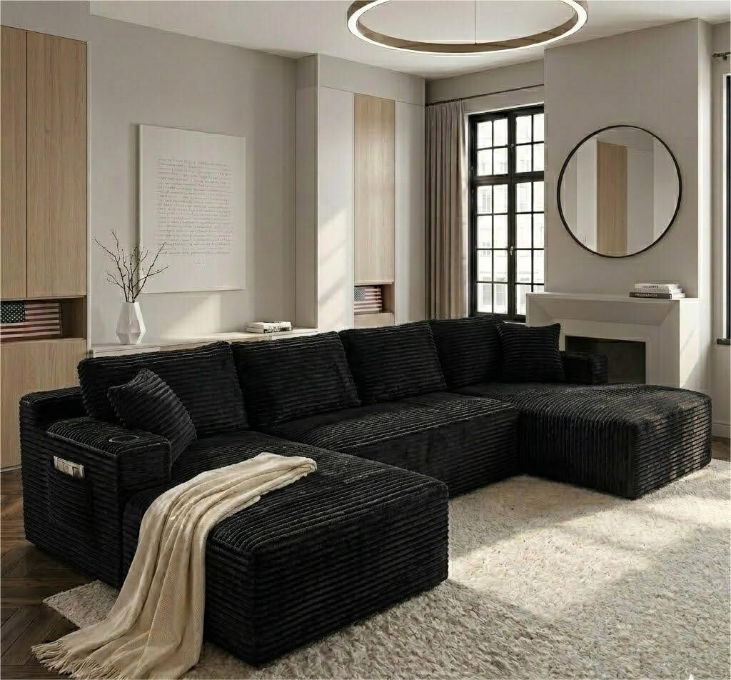 Vinform 134" Cloud Couch Modular Sectional Sofa, 5 Seat U Shaped Convertible Couch Corduroy Thick Cushion with Side Pockets and Toss Pillows for Living Room, Black