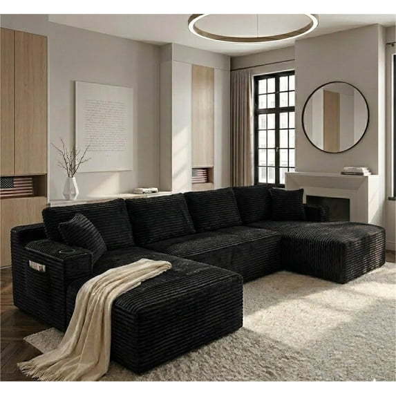 Vinform 134" Cloud Couch Modular Sectional Sofa, 5 Seat U Shaped Convertible Couch Corduroy Thick Cushion with Side Pockets and Toss Pillows for Living Room, Black