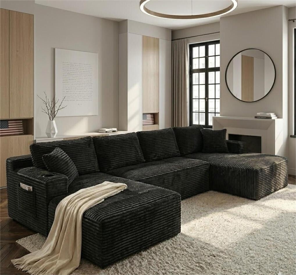 Vinform 134" Cloud Couch Modular Sectional Sofa, 5 Seat U Shaped Convertible Couch Corduroy Thick Cushion with Side Pockets and Toss Pillows for Living Room, Gray
