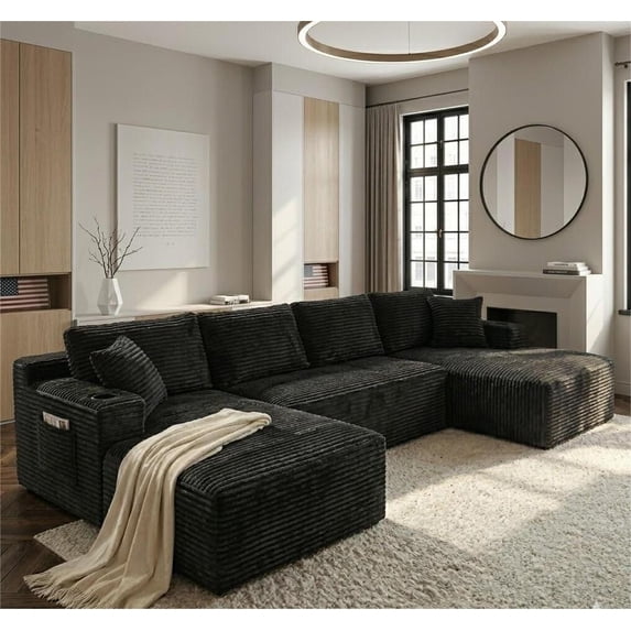 Vinform 134" Cloud Couch Modular Sectional Sofa, 5 Seat U Shaped Convertible Couch Corduroy Thick Cushion with Side Pockets and Toss Pillows for Living Room, Gray
