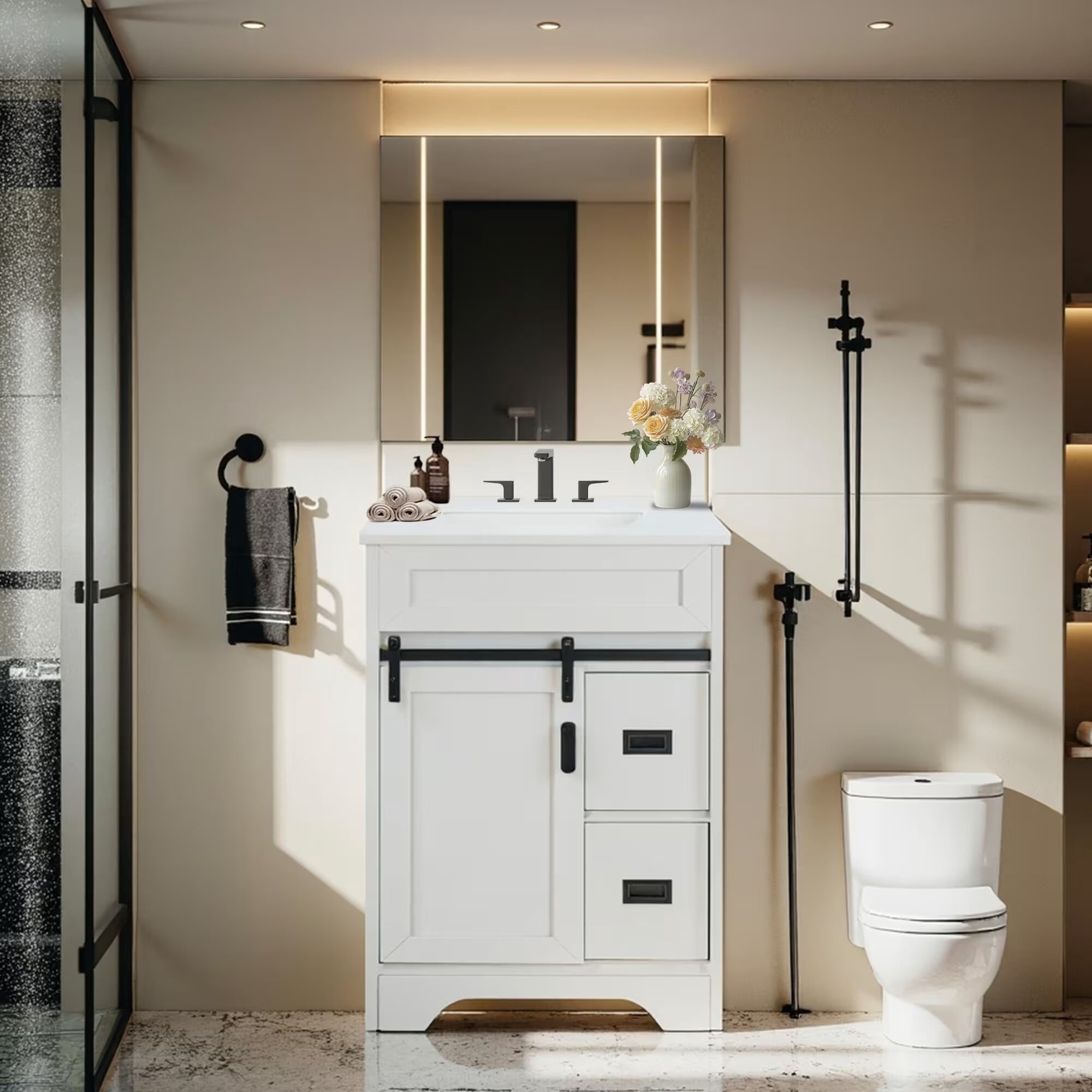 Avobird 24" Farmhouse Bathroom Vanity with Sink, Features a sliding barn door and double drawers, 30"Lx20"Wx34.65"H, White
