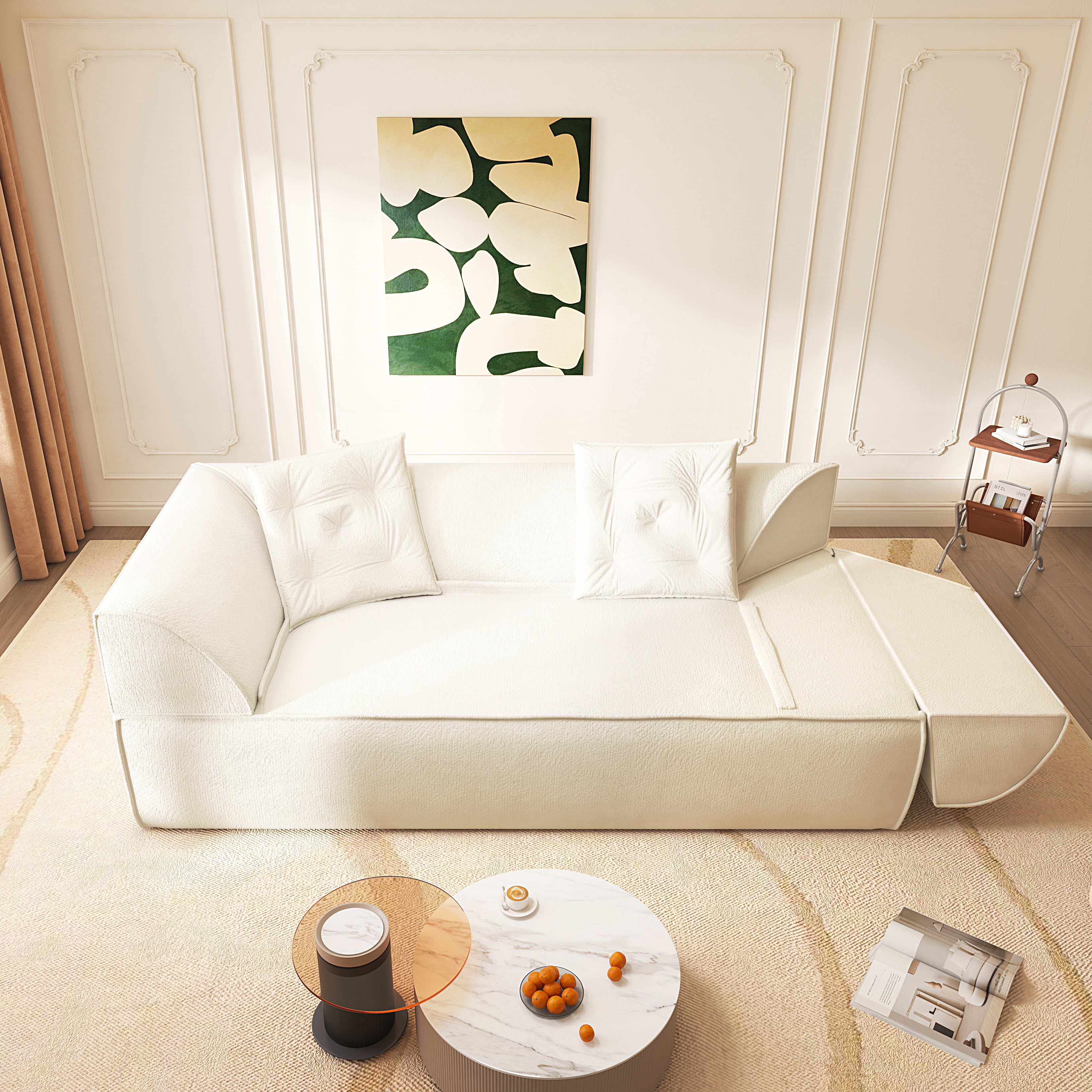 Avobird 3 in 1 Convertible Sofa Bed, 79.5" Modern Deep Seat Couch with 2 Pillows, Sparkling Chenille Fabric Sofa,Chaise Lounge for Living Room/Office, Beige
