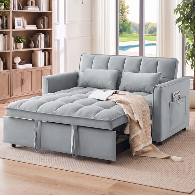 avobird 3 in 1 Convertible Sleeper Futon Sofa Bed, 55" Pull Out Sofa Bed with Storage Pocket/Side Pocket/2 Pillows for Living Room, Gray