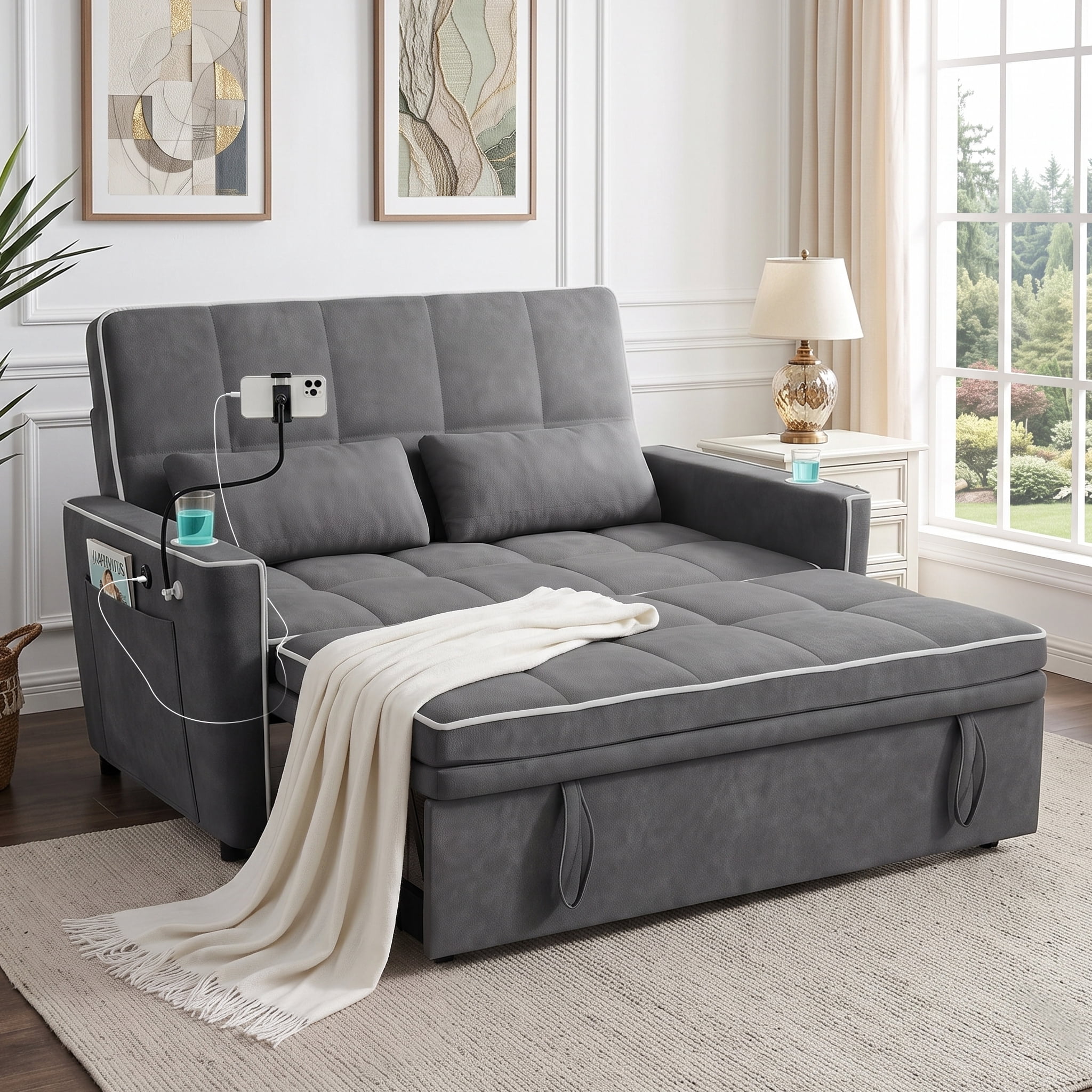 AISWORD 54" Convertible Sleeper Sofa Bed, Pull Out Loveseat Couch with USB Port, Phone Holder & Cup Holder, Adjustable Backrest for Apartment, Living Room, Office, Dark Gray