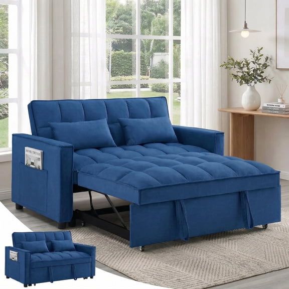 Avobird 3-in-1 Velvet Convertible Sleeper Sofa, Pull Out Couch Bed with Adjustable Backrest & Storage, Blue