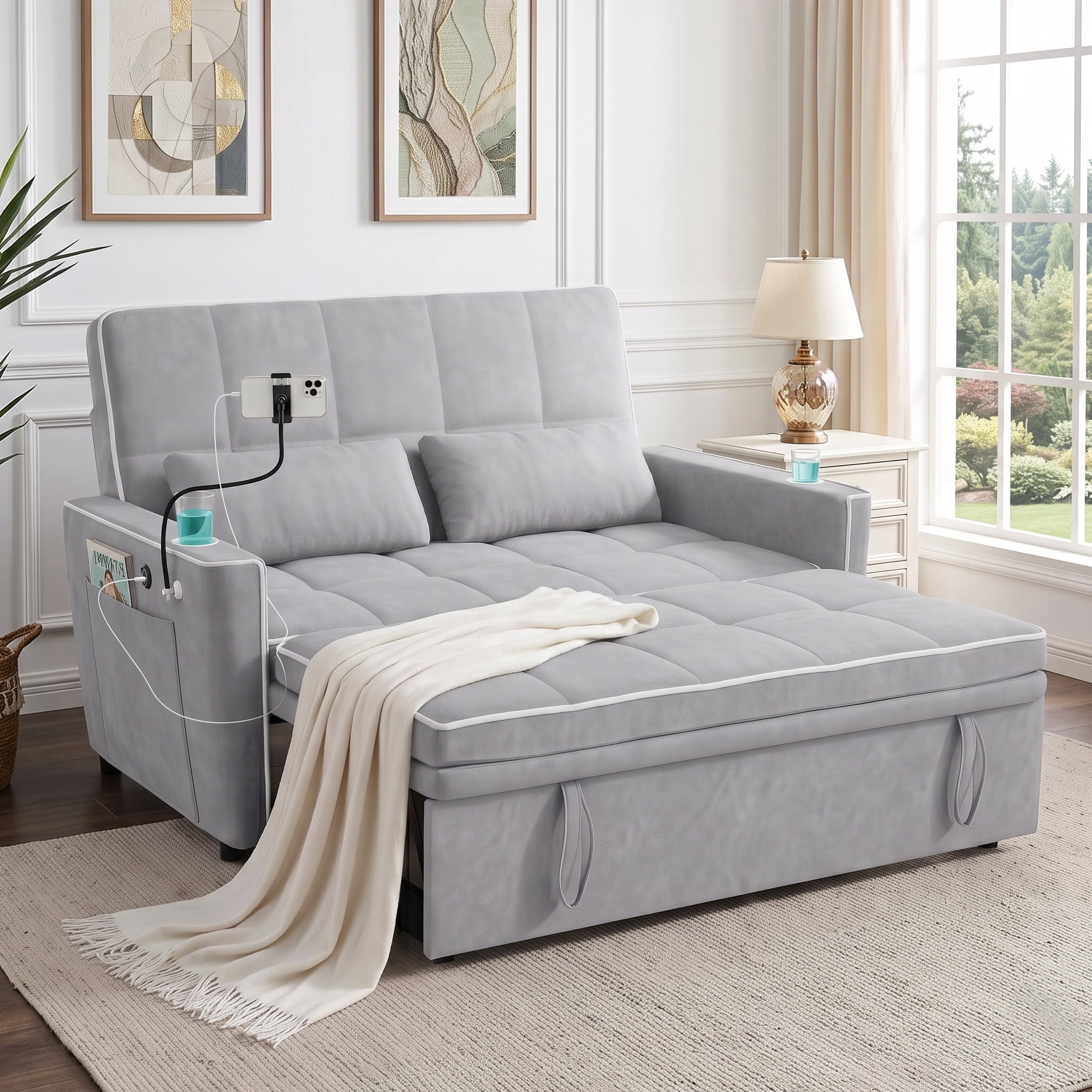 AISWORD 54" Convertible Sleeper Sofa Bed, Pull Out Loveseat Couch with USB Port, Phone Holder & Cup Holder, Adjustable Backrest for Apartment, Living Room, Office, Light Gray