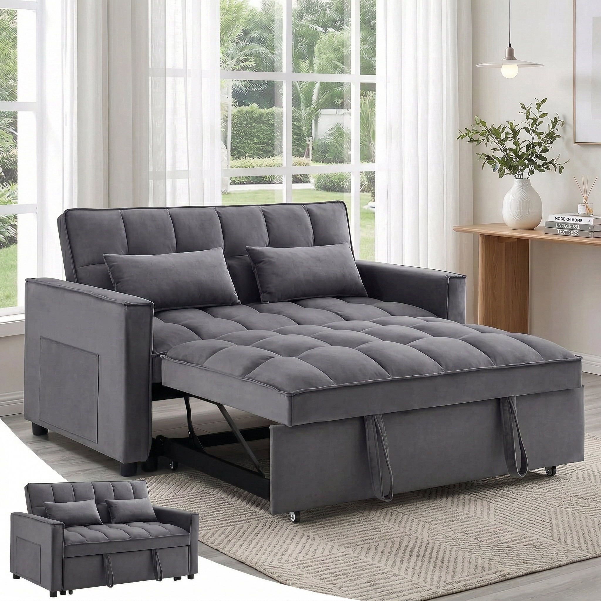 Avobird 3-in-1 Velvet Convertible Sleeper Sofa, Pull Out Couch Bed with Adjustable Backrest & Storage, Dark Grey