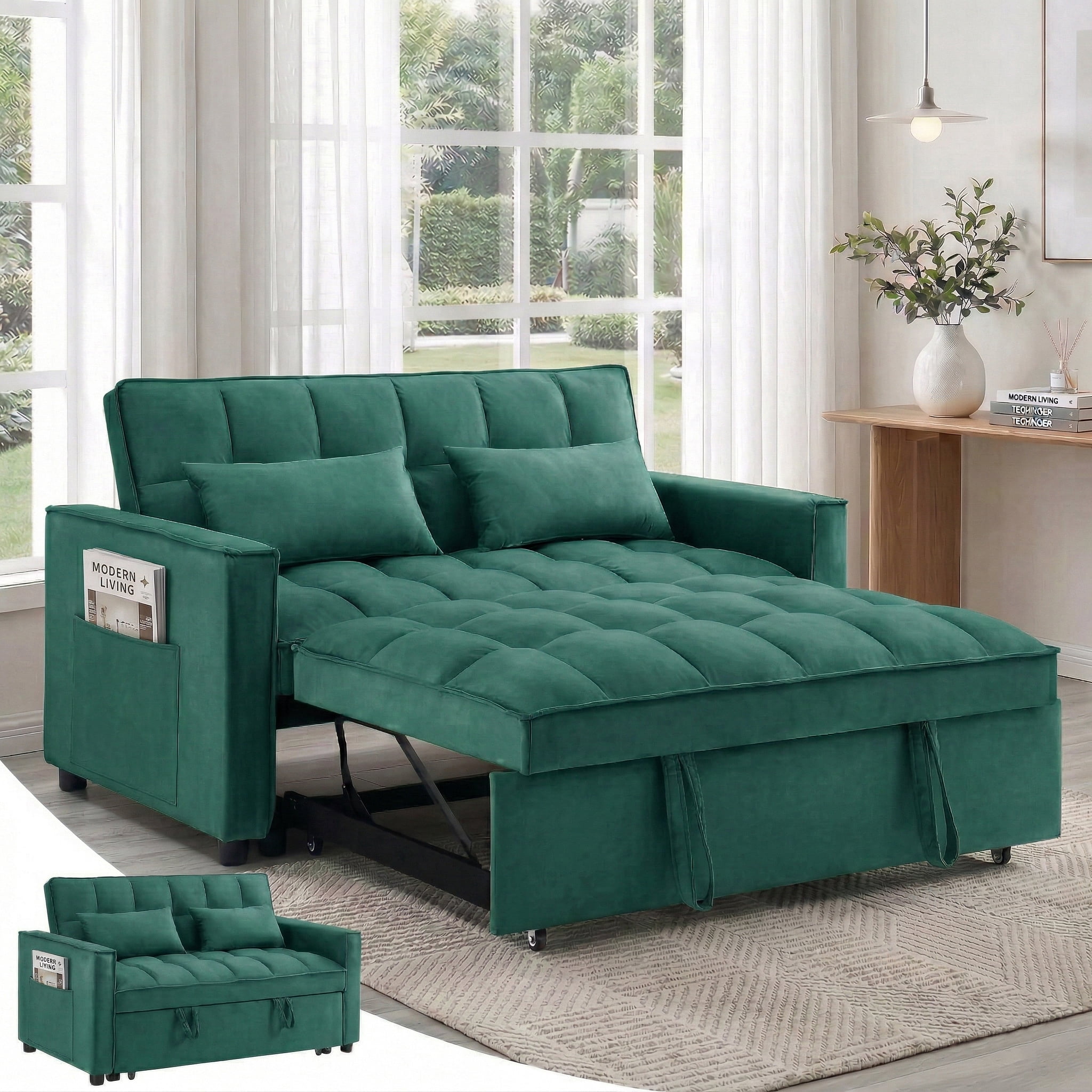 Avobird 3-in-1 Velvet Convertible Sleeper Sofa, Pull Out Couch Bed with Adjustable Backrest & Storage, Green