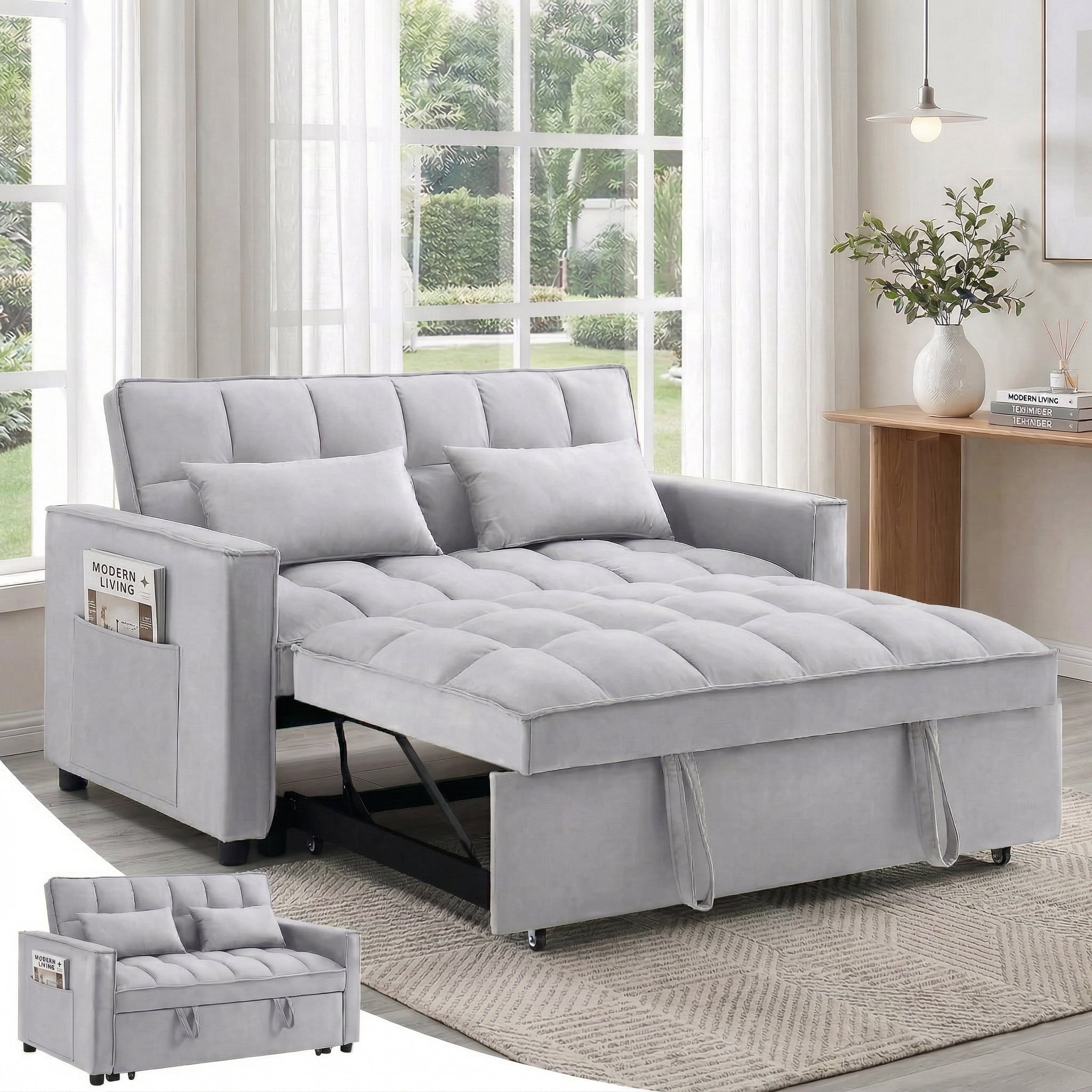 Avobird 3-in-1 Velvet Convertible Sleeper Sofa, Pull Out Couch Bed with Adjustable Backrest & Storage, Grey
