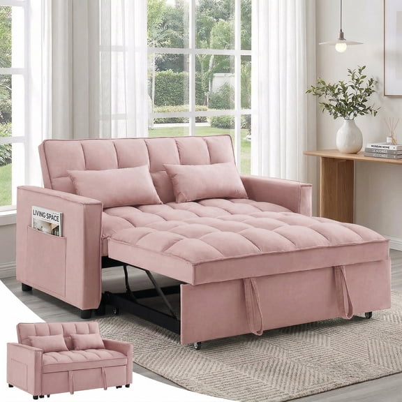 Avobird 3-in-1 Velvet Convertible Sleeper Sofa, Pull Out Couch Bed with Adjustable Backrest & Storage, Pink