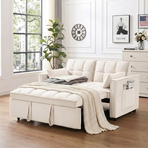 ShiKeyi 3 in 1 Convertible Sleeper Futon Sofa Bed, 55" Pull Out Sofa Bed with Storage Pocket/Side Pocket/2 Pillows for Living Room, Beige