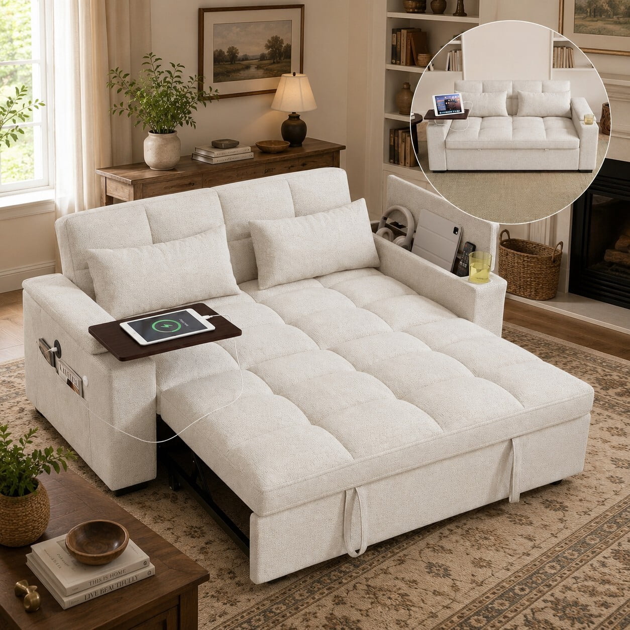 ShiKeyi 68.5'' 3-in-1 Velvet Convertible Sleeper Sofa, Pull Out Sofa Bed with Storage & Charging Port, Beige
