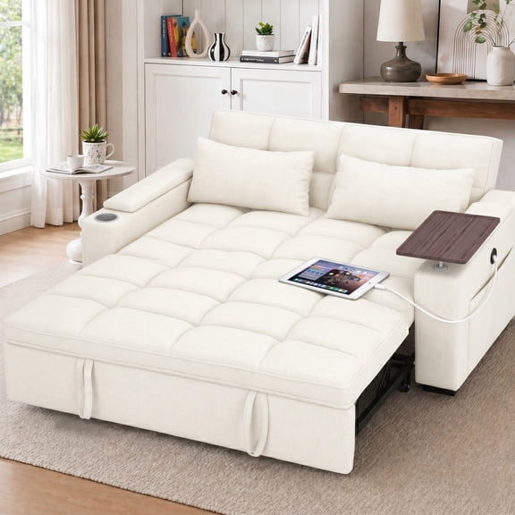 ShiKeyi 68.5'' 3-in-1 Velvet Convertible Sleeper Sofa, Pull Out Sofa Bed with Storage & Charging Port, Beige