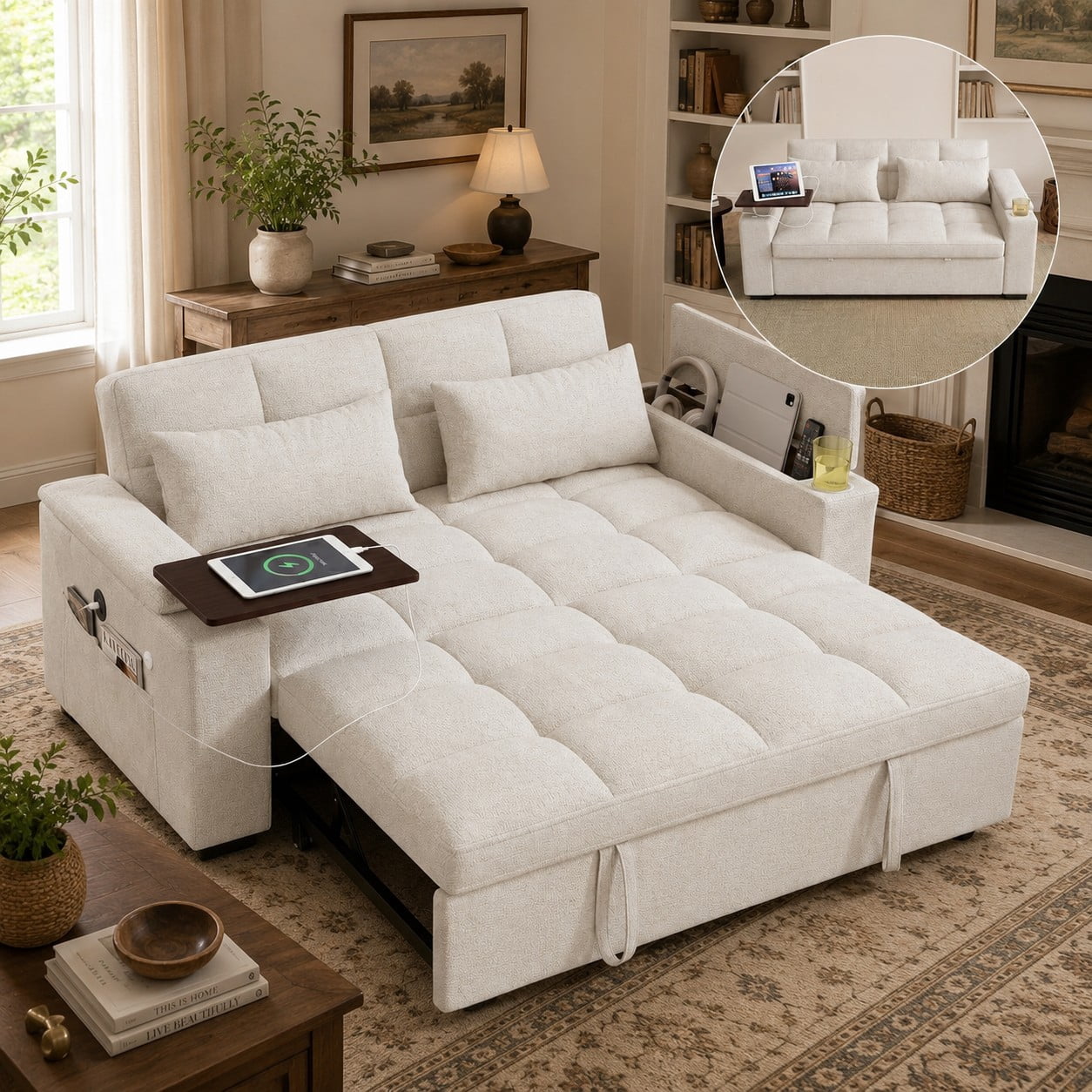 ShiKeyi 68.5'' 3-in-1 Velvet Convertible Sleeper Sofa, Pull Out Sofa Bed with Storage & Charging Port, Beige