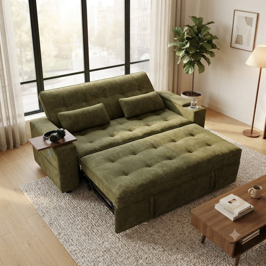 ShiKeyi 65" 3-in-1 Convertible Sofa Bed, Pull Out Loveseat with Chenille Fabric/Hidden storage space/Cup holder, Sleeper Sofa Bed for Living Room, Green