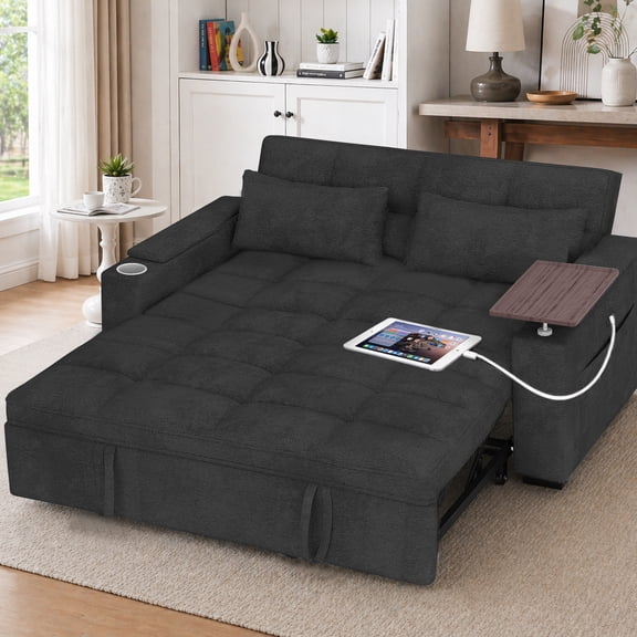 ShiKeyi 68.5'' 3-in-1 Velvet Convertible Sleeper Sofa, Pull Out Sofa Bed with Storage & Charging Port, Black
