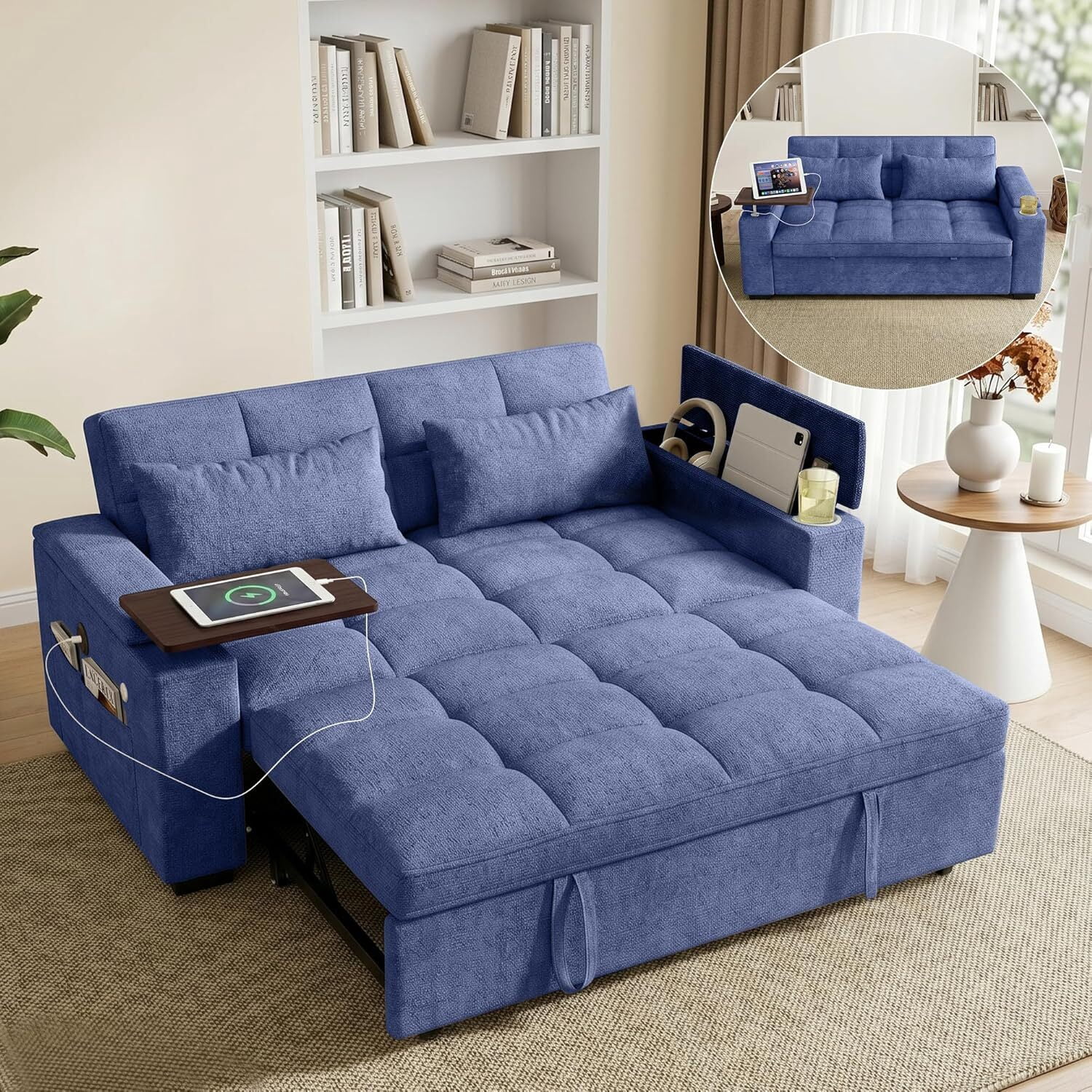 ShiKeyi 68.5'' 3-in-1 Velvet Convertible Sleeper Sofa, Pull Out Sofa Bed with Storage & Charging Port, Blue