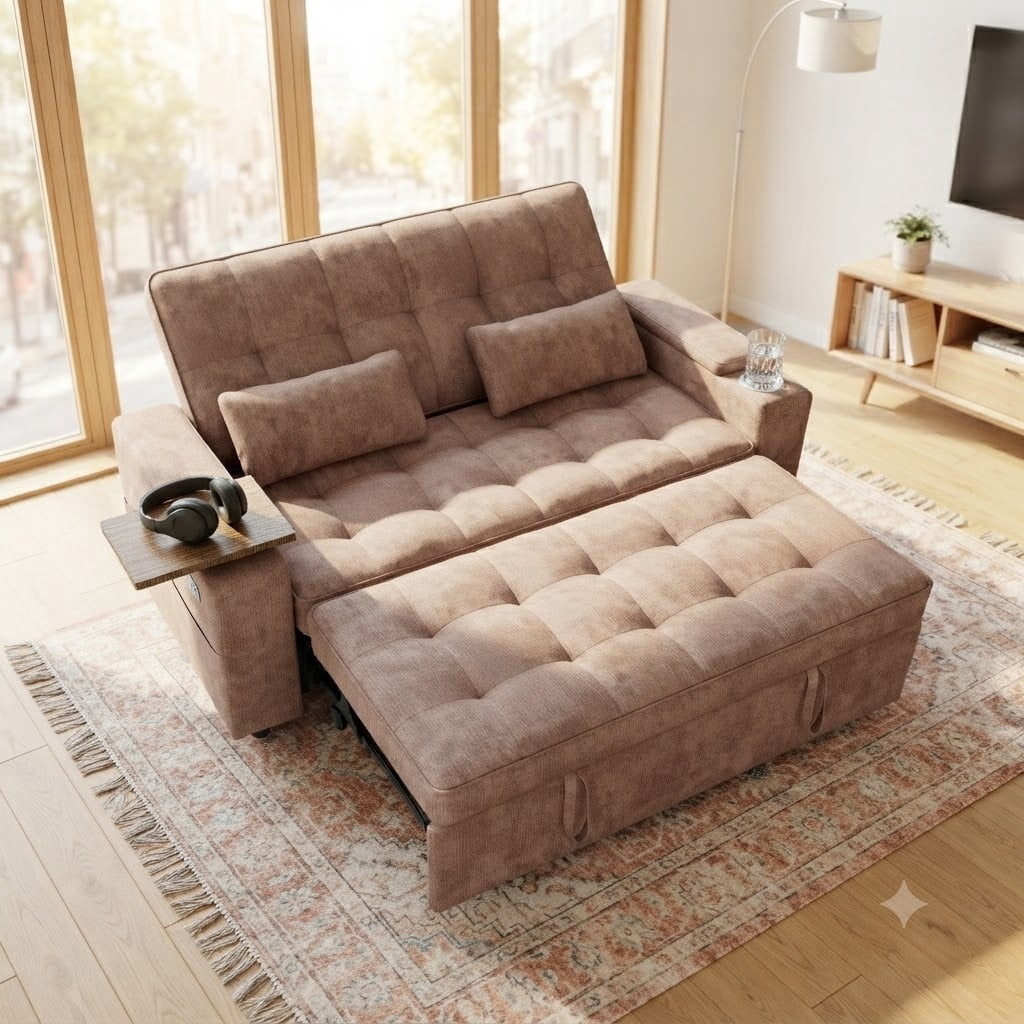ShiKeyi 65" 3-in-1 Convertible Sofa Bed, Pull Out Loveseat with Chenille Fabric/Hidden storage space/Cup holder, Sleeper Sofa Bed for Living Room, Brown