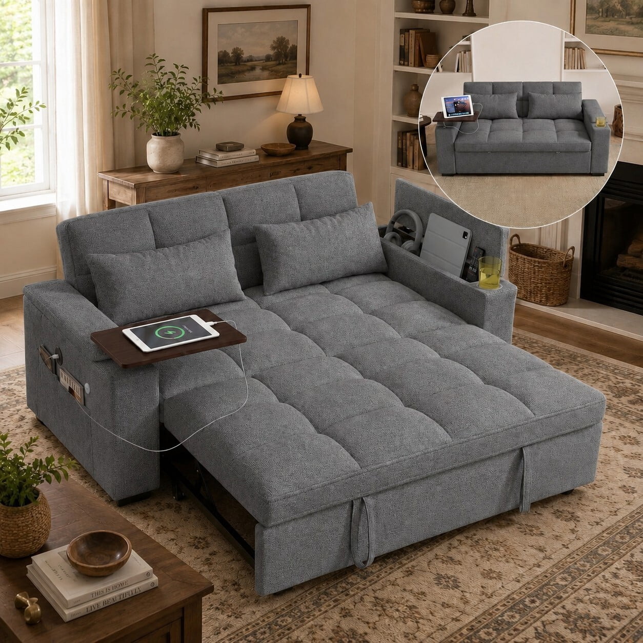 ShiKeyi 68.5'' 3-in-1 Velvet Convertible Sleeper Sofa, Pull Out Sofa Bed with Storage & Charging Port, Dark Gray