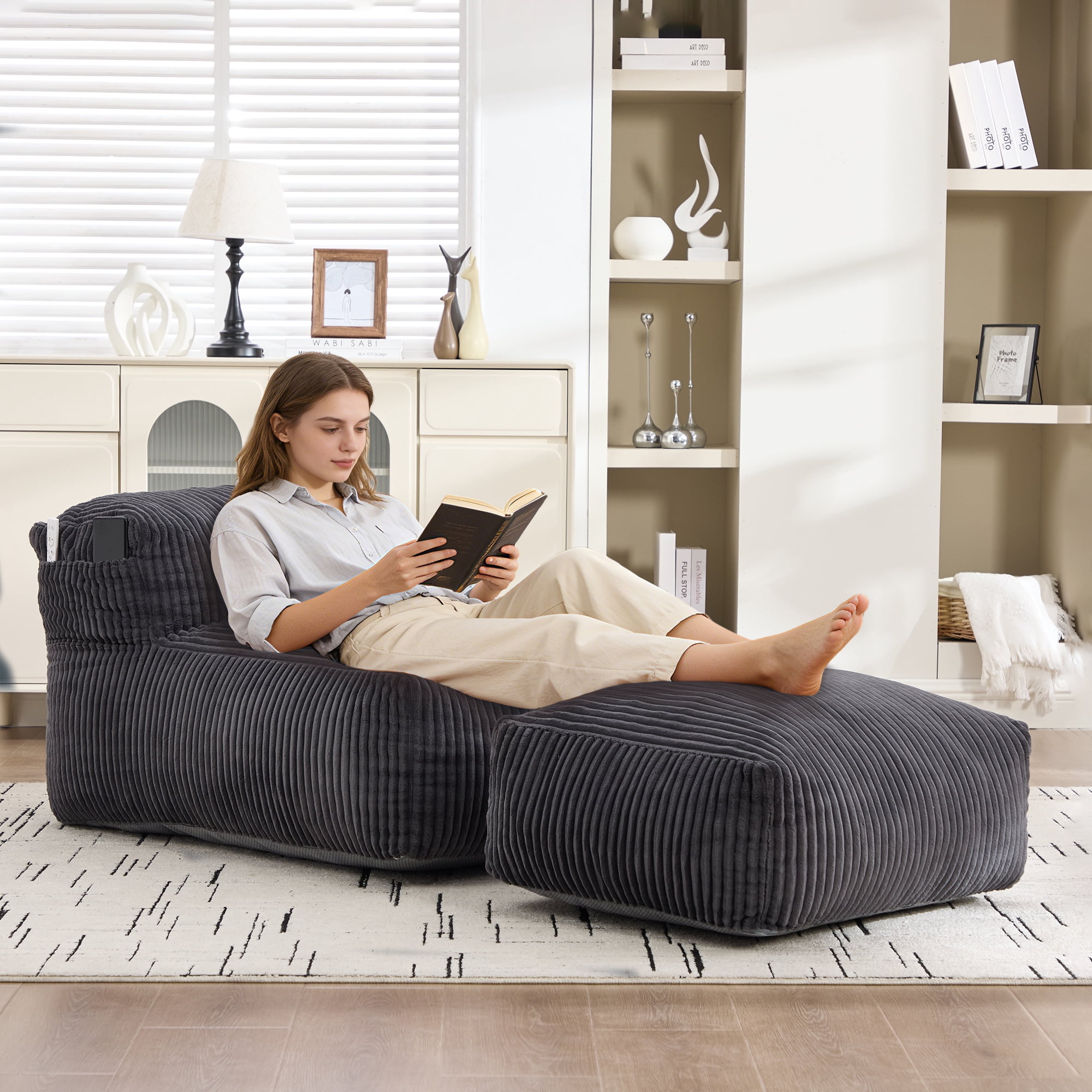 Avobird Big Bean Bag Chair, Lounger Large Bean Bag Sofa With ottoman, Memory Foam Filled Beanbag Chair for Living Room Bedroom, Ergonomic Support & Premium Com, Dark Gray