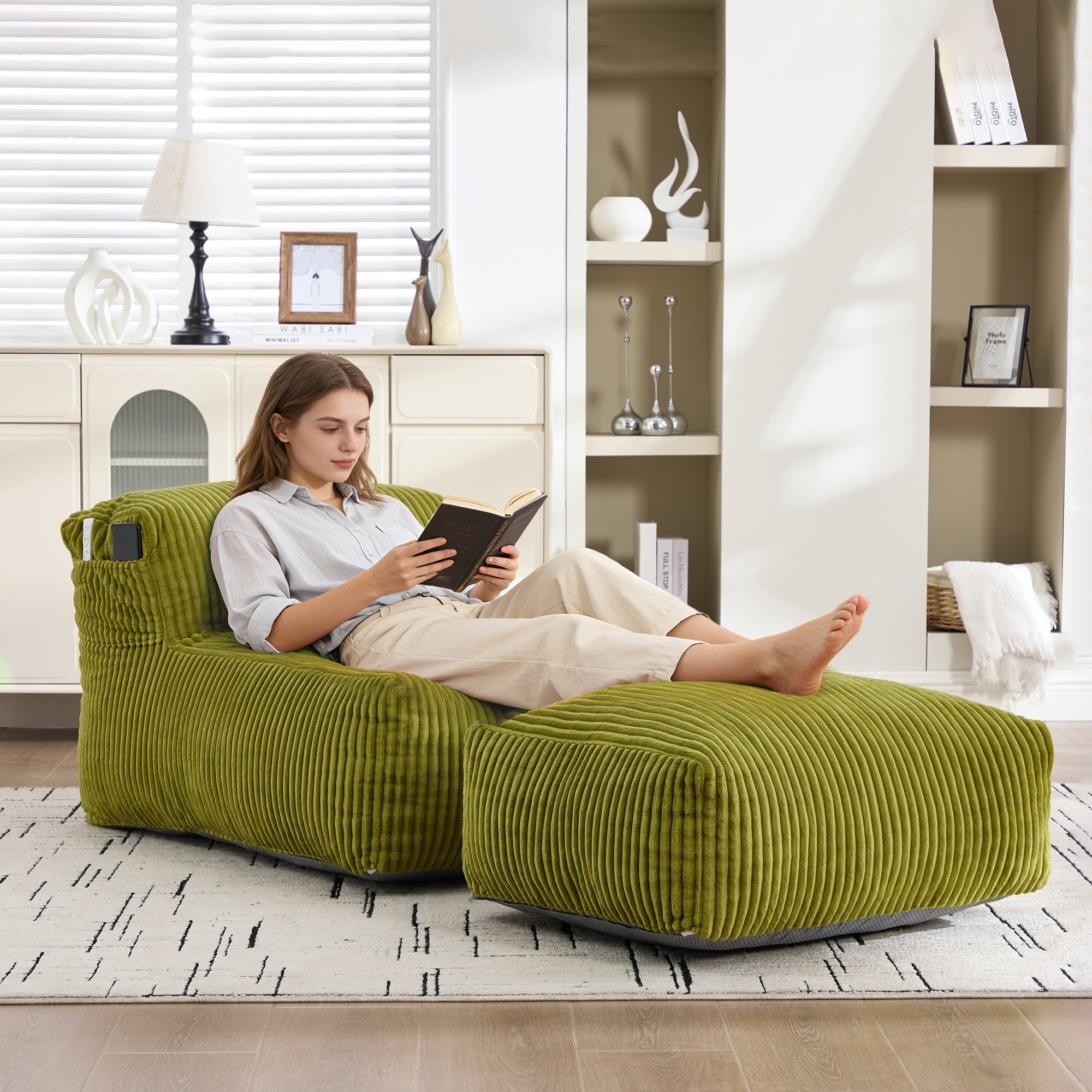 Avobird Big Bean Bag Chair, Lounger Large Bean Bag Sofa With ottoman, Memory Foam Filled Beanbag Chair for Living Room Bedroom, Ergonomic Support & Premium Com, Olive