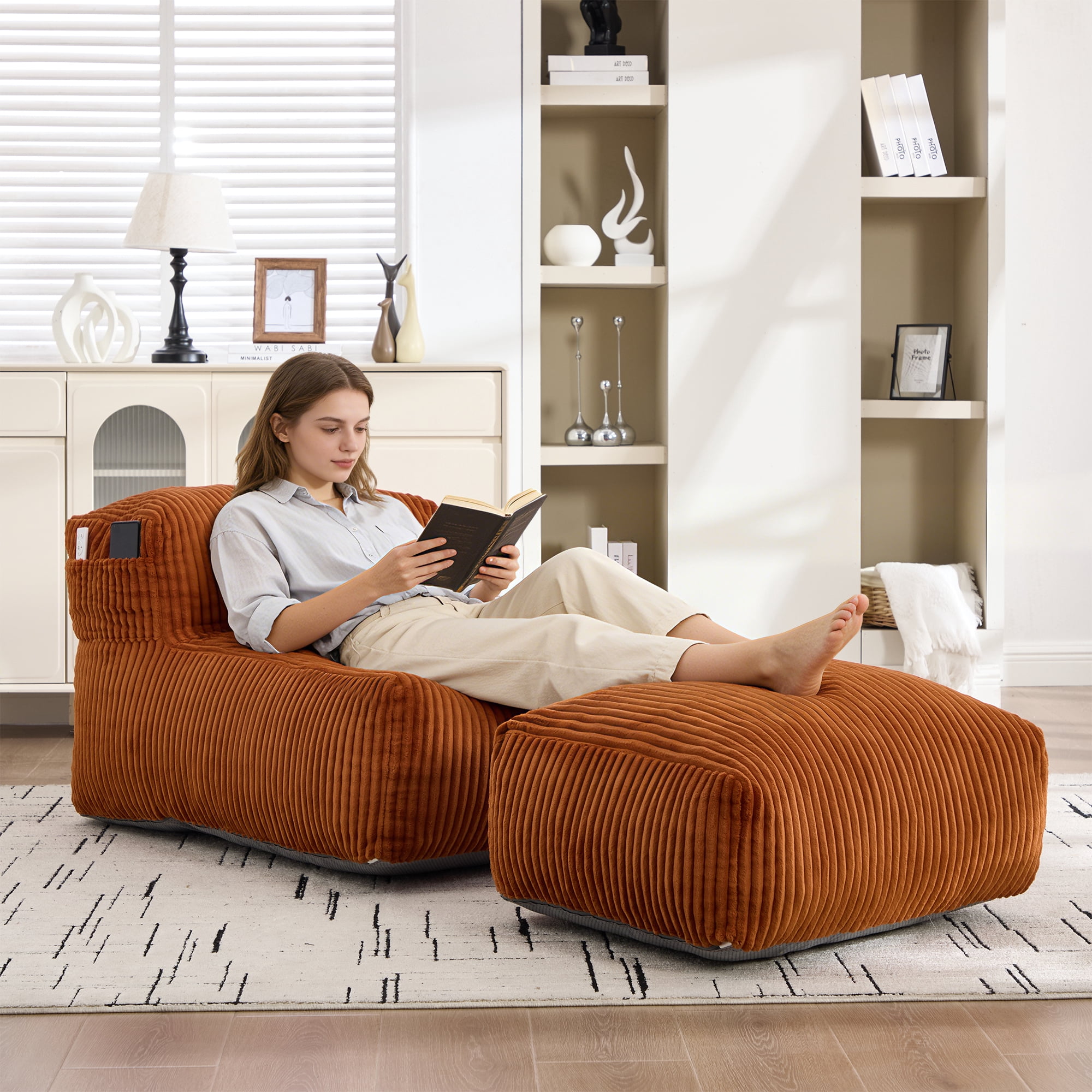 Avobird Big Bean Bag Chair, Lounger Large Bean Bag Sofa With ottoman, Memory Foam Filled Beanbag Chair for Living Room Bedroom, Ergonomic Support & Premium Com, Orange