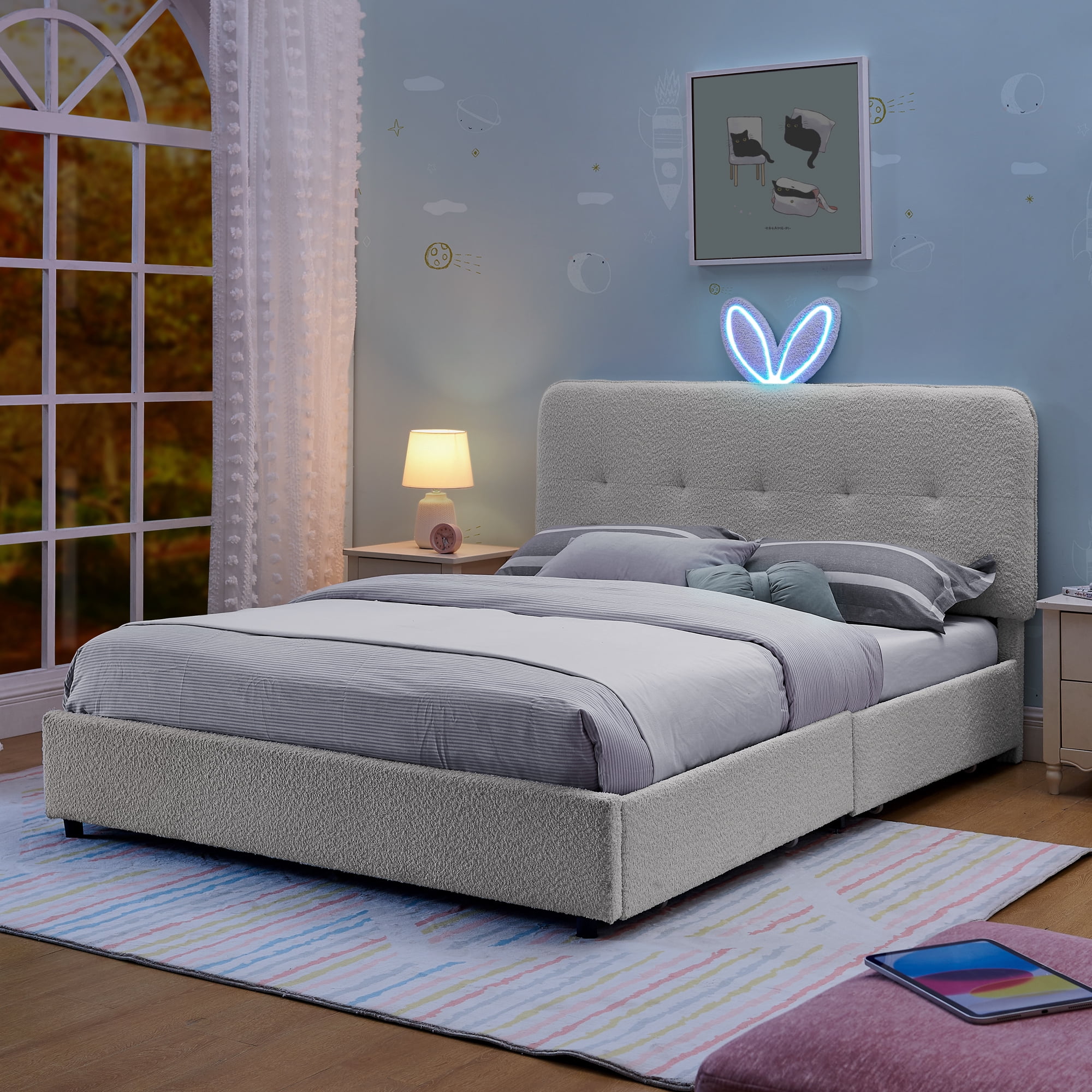 Avobird Full Size Kids Upholstered Bed with Oversized Rabbit Ear Headboard, LED Light & 4 Storage Drawers, Boucle Fabric, Beige