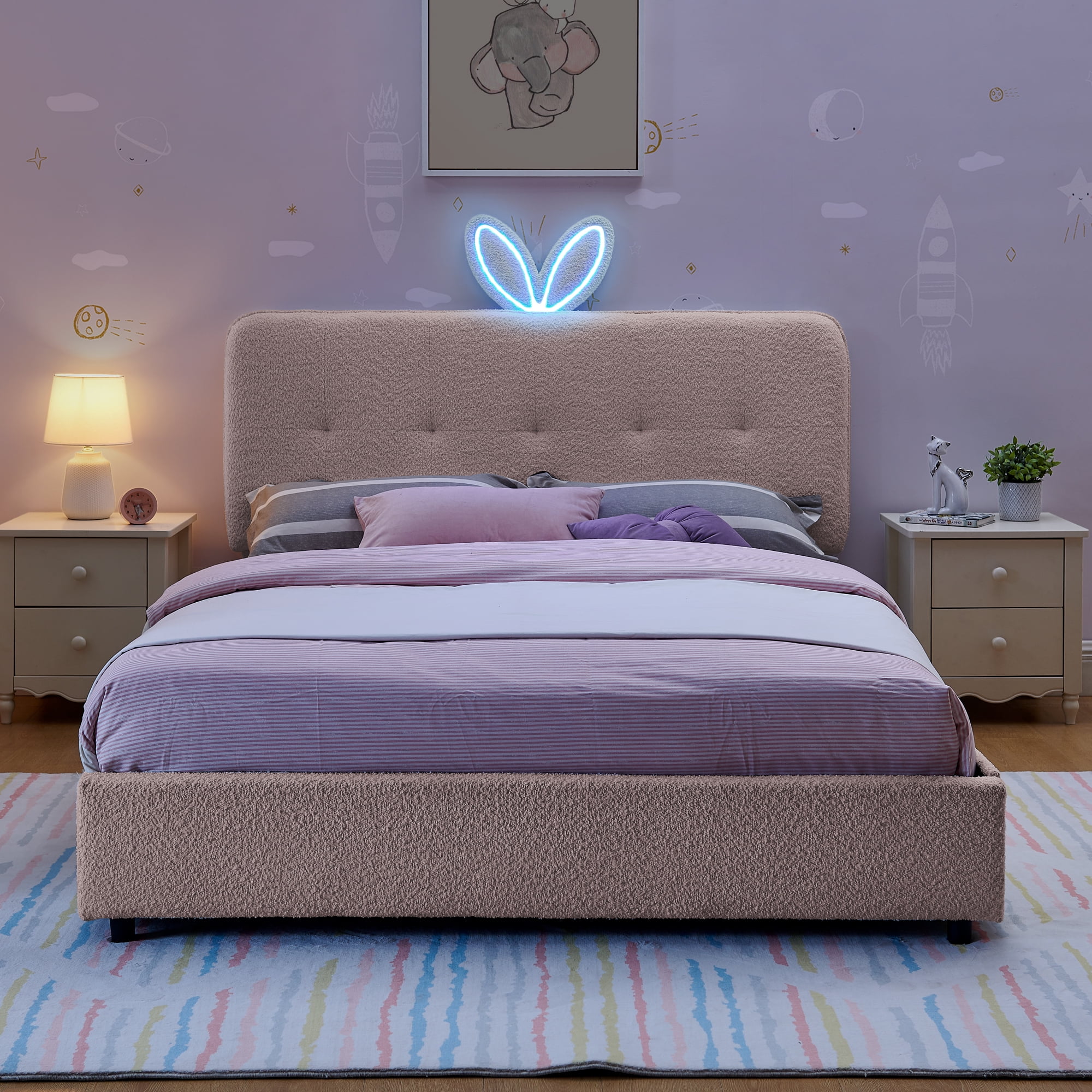 Avobird Full Size Kids Upholstered Bed with Oversized Rabbit Ear Headboard, LED Light & 4 Storage Drawers, Boucle Fabric, Pink