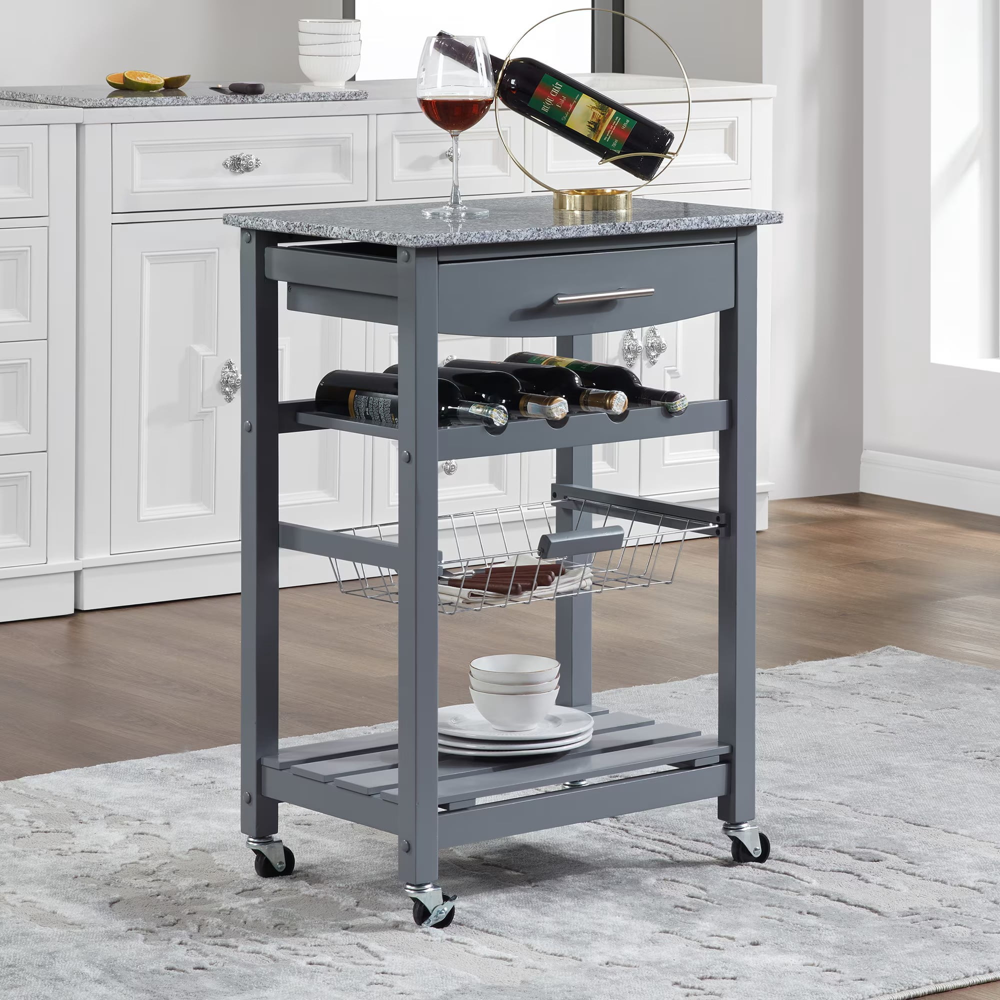 Avobird Kitchen Island Cart, Mobile Kitchen Cart with 22inch Marble Countertop/Underneath Drawer/Slide-Out Wire Storage Basket, Gray