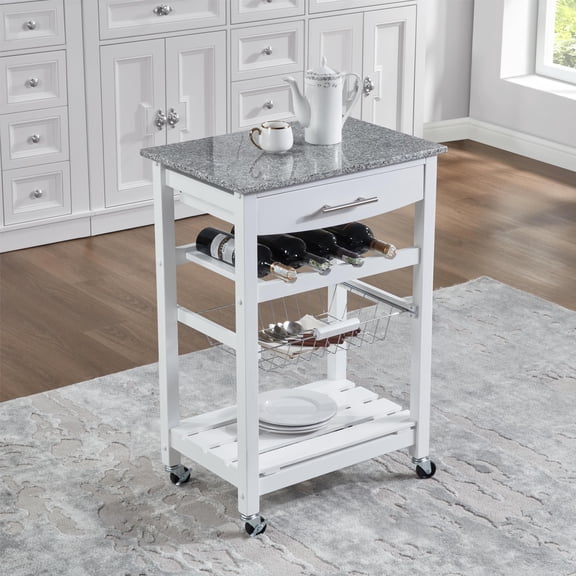 Avobird Kitchen Island Cart, Mobile Kitchen Cart with 22inch Marble Countertop/Underneath Drawer/Slide-Out Wire Storage Basket, White