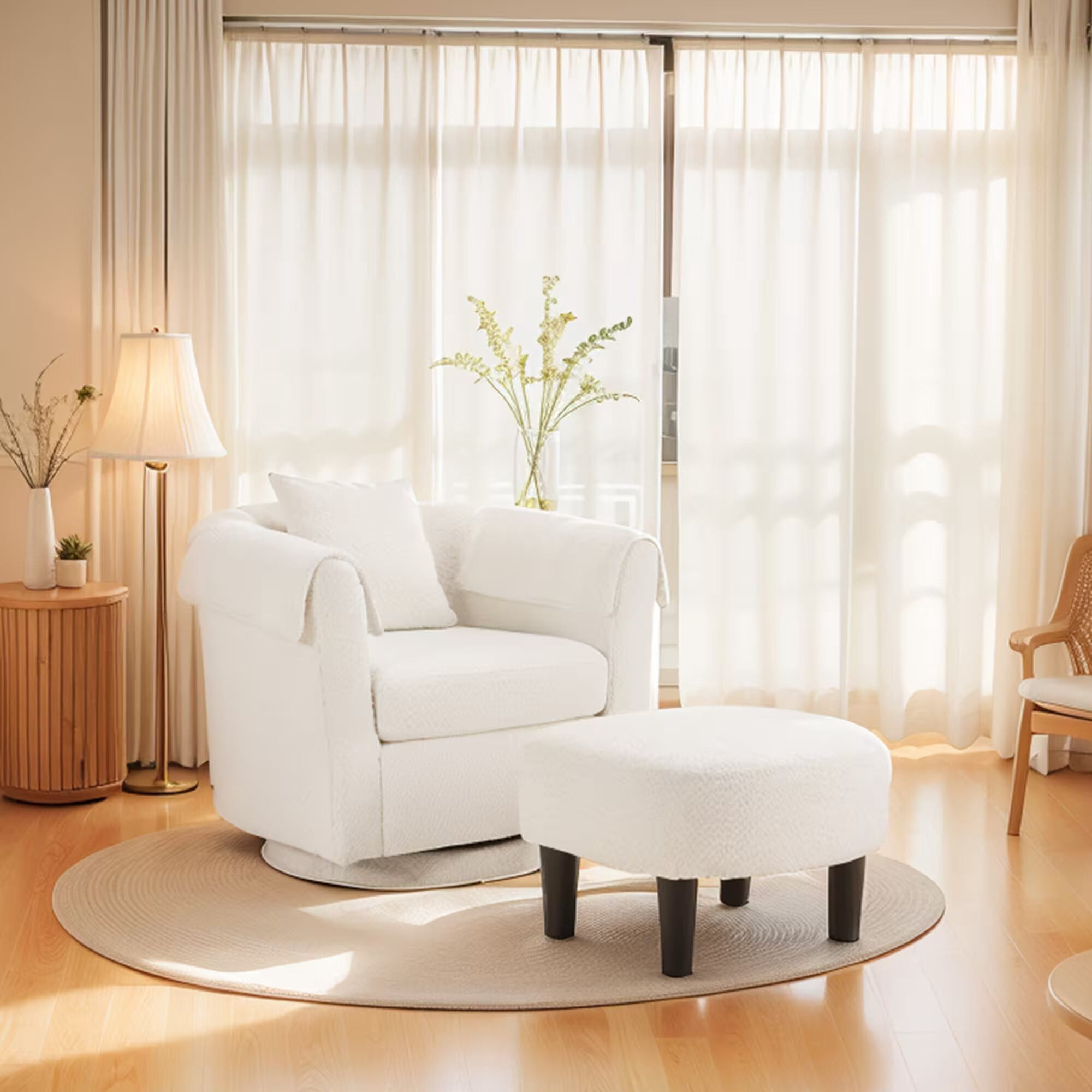 Avobird Living Room Chair With Ottoman Set, Chenille Barrel Armchair with Removable Back Pillow & 2 Armrest Covers, Beige