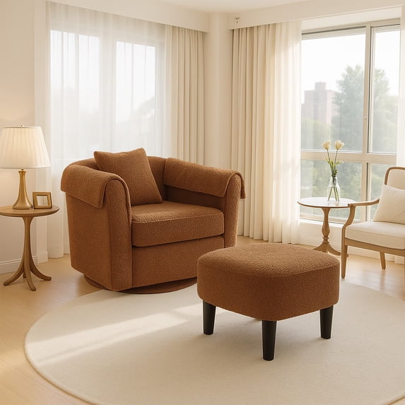 Avobird Living Room Chair With Ottoman Set, Chenille Barrel Armchair with Removable Back Pillow & 2 Armrest Covers, Brown