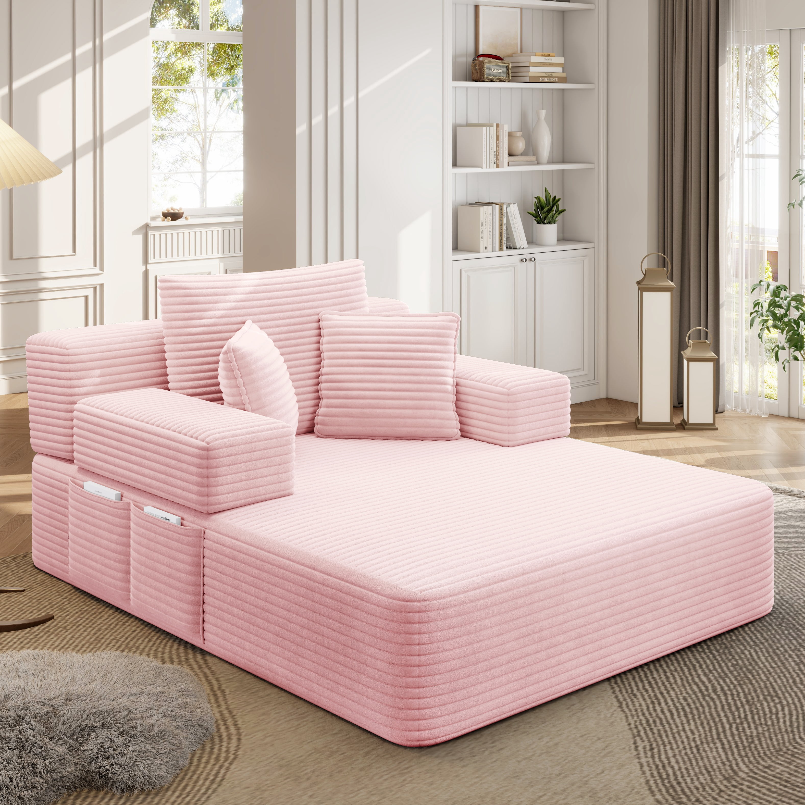 Avobird Luxury Plush Corduroy Chaise Lounge, Convertible Sofa Bed with Storage Pocket, Frameless Design, Specially Designed for Small Spaces and Apartments (Baby Pink)