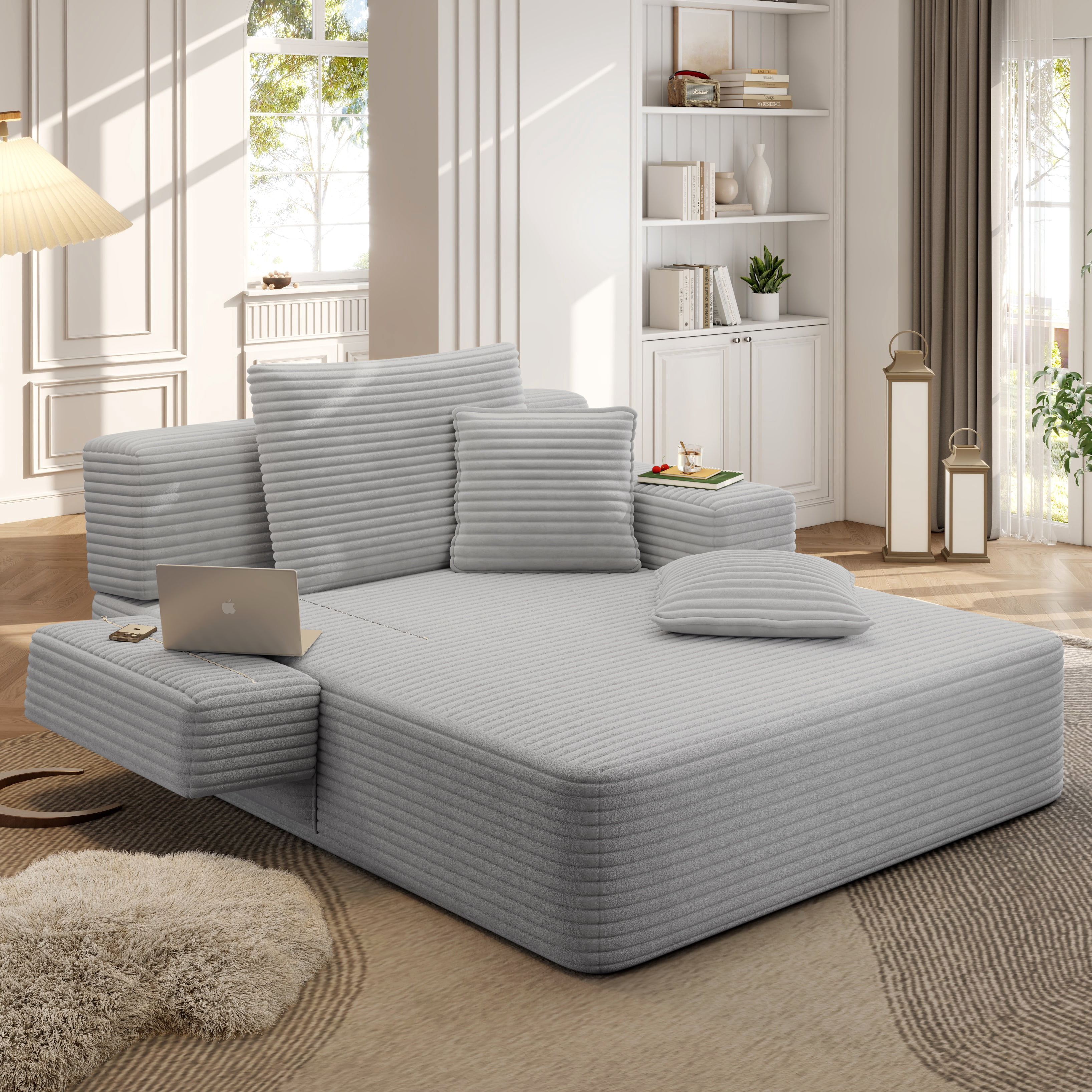 Avobird Luxury Plush Corduroy Chaise Lounge, Convertible Sofa Bed with Storage Pocket, Frameless Design, Specially Designed for Small Spaces and Apartments (Light Gray)