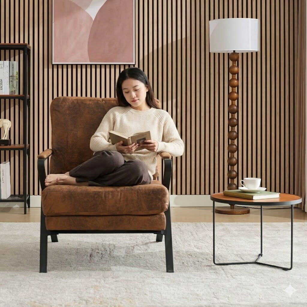 Avobird Mid-Century Modern Accent Chair for Living Room, Bedroom, Office,, Vanity Chair with Thicker Cushion & Iron Frame, Brown