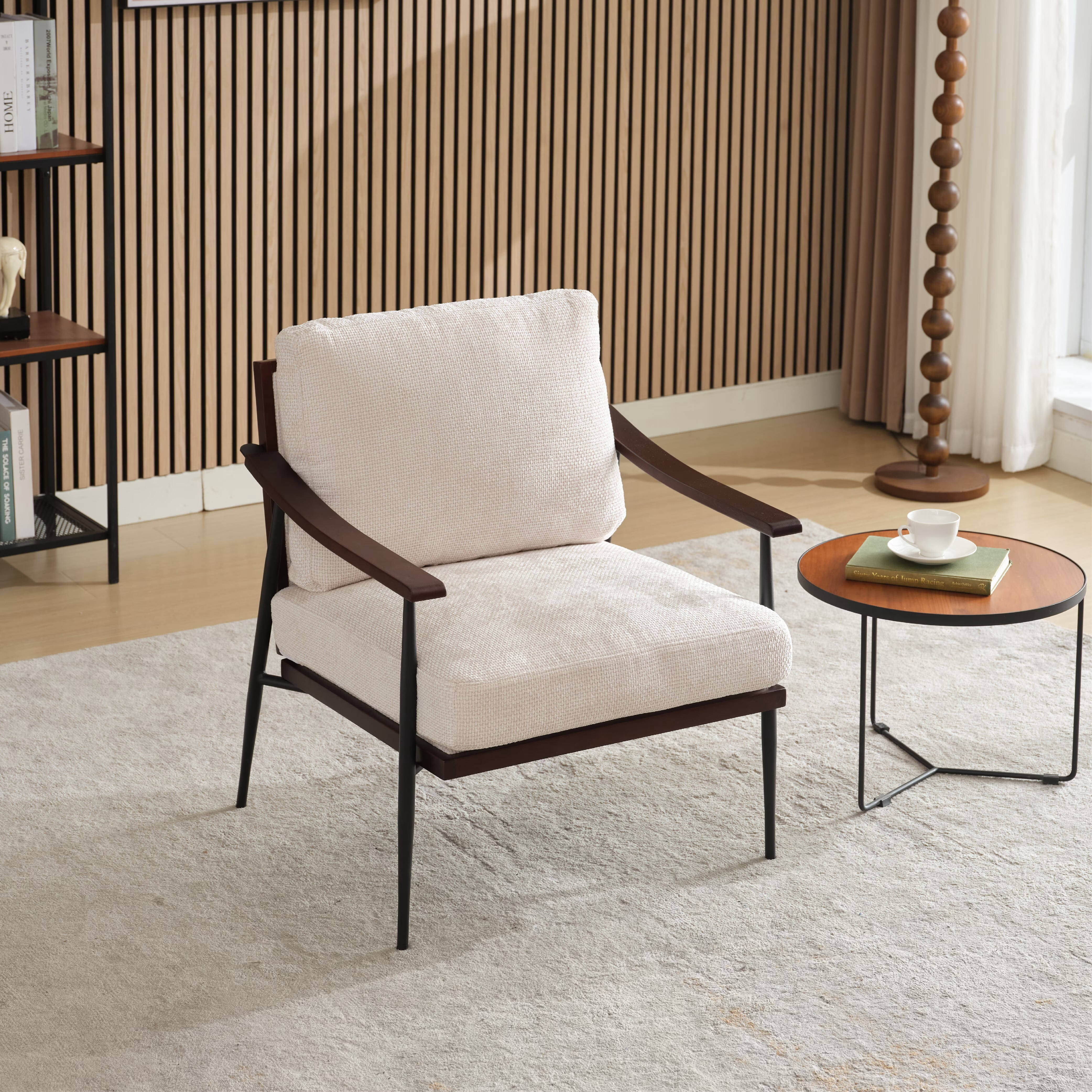 Avobird Modern Accent Chair for Living Room, Bedroom, Office, Linen Fabric Arm Chair Chair with Wood Armrests & Removable Cushion, White