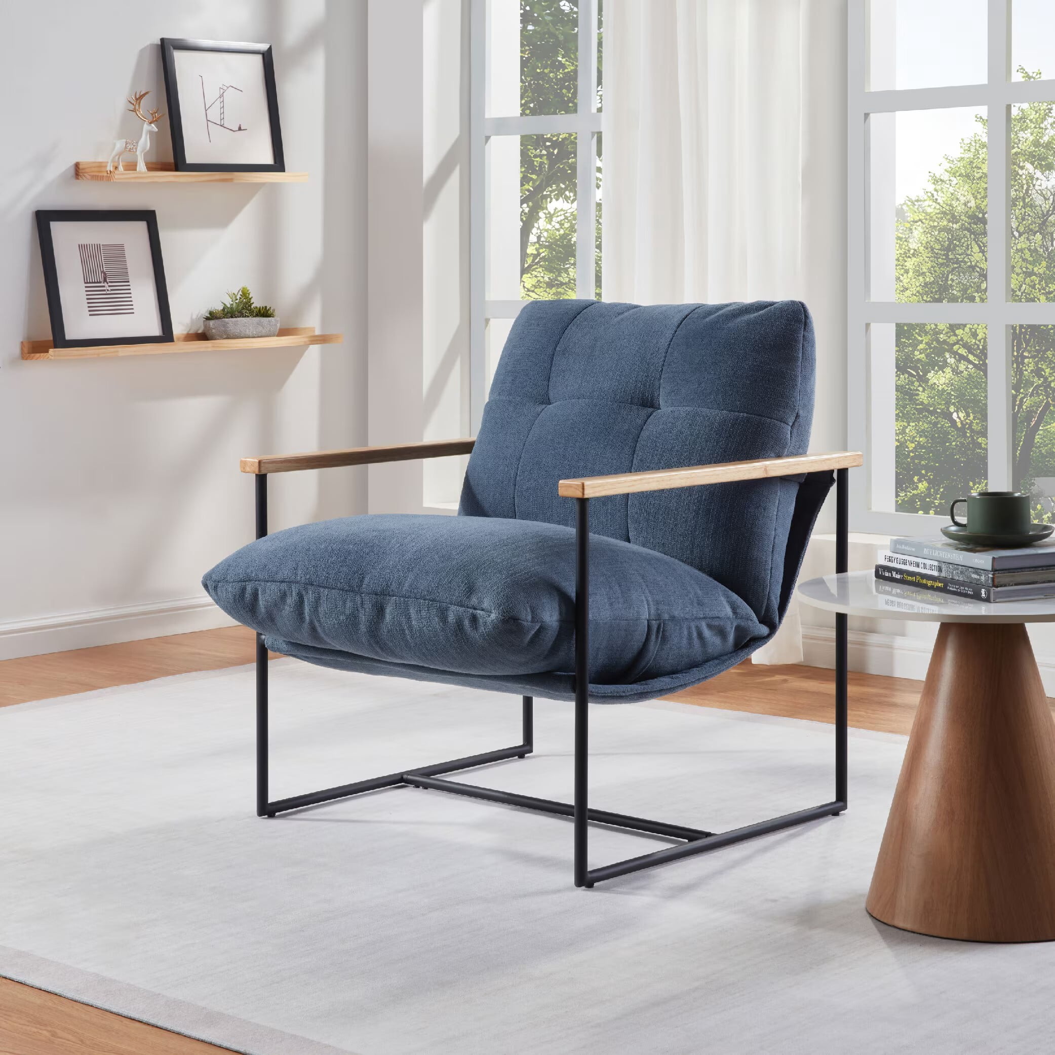 Avobird Modern Accent Chair for Living Room, Bedroom, Office, Vanity Chair with Wood Armrests & Removable Cushion, Blue