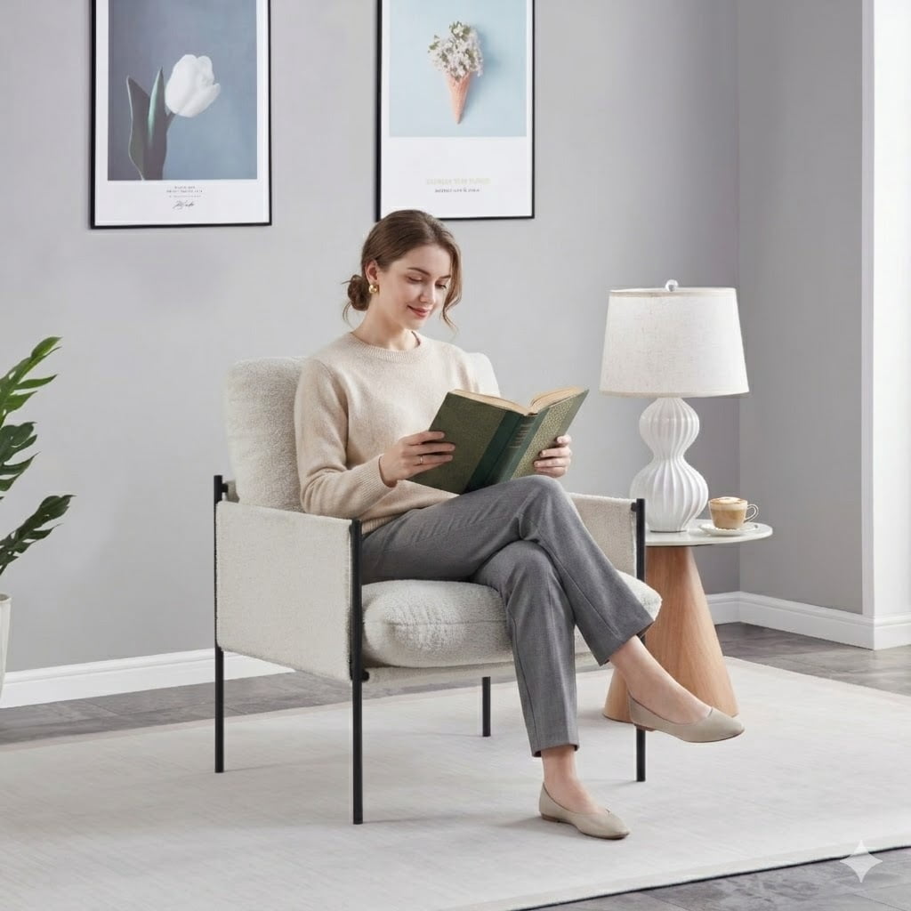Avobird Modern Accent Chair for Living Room, Bedroom, Office, Vanity Chair with Wood Armrests & Removable Cushion, White