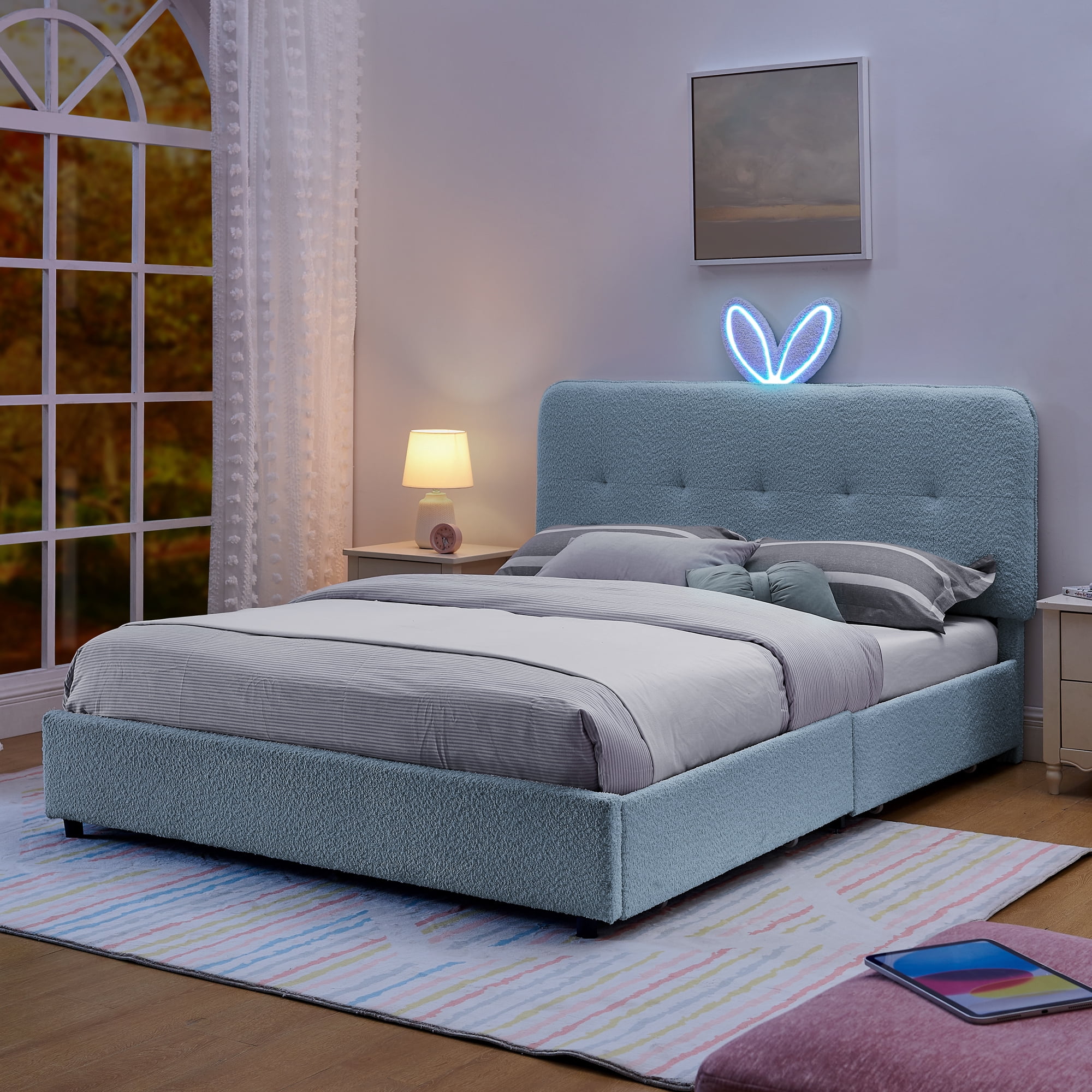 Avobird Queen Size Kids Upholstered Bed with Oversized Rabbit Ear Headboard, LED Light & 4 Storage Drawers, Boucle Fabric, Navy
